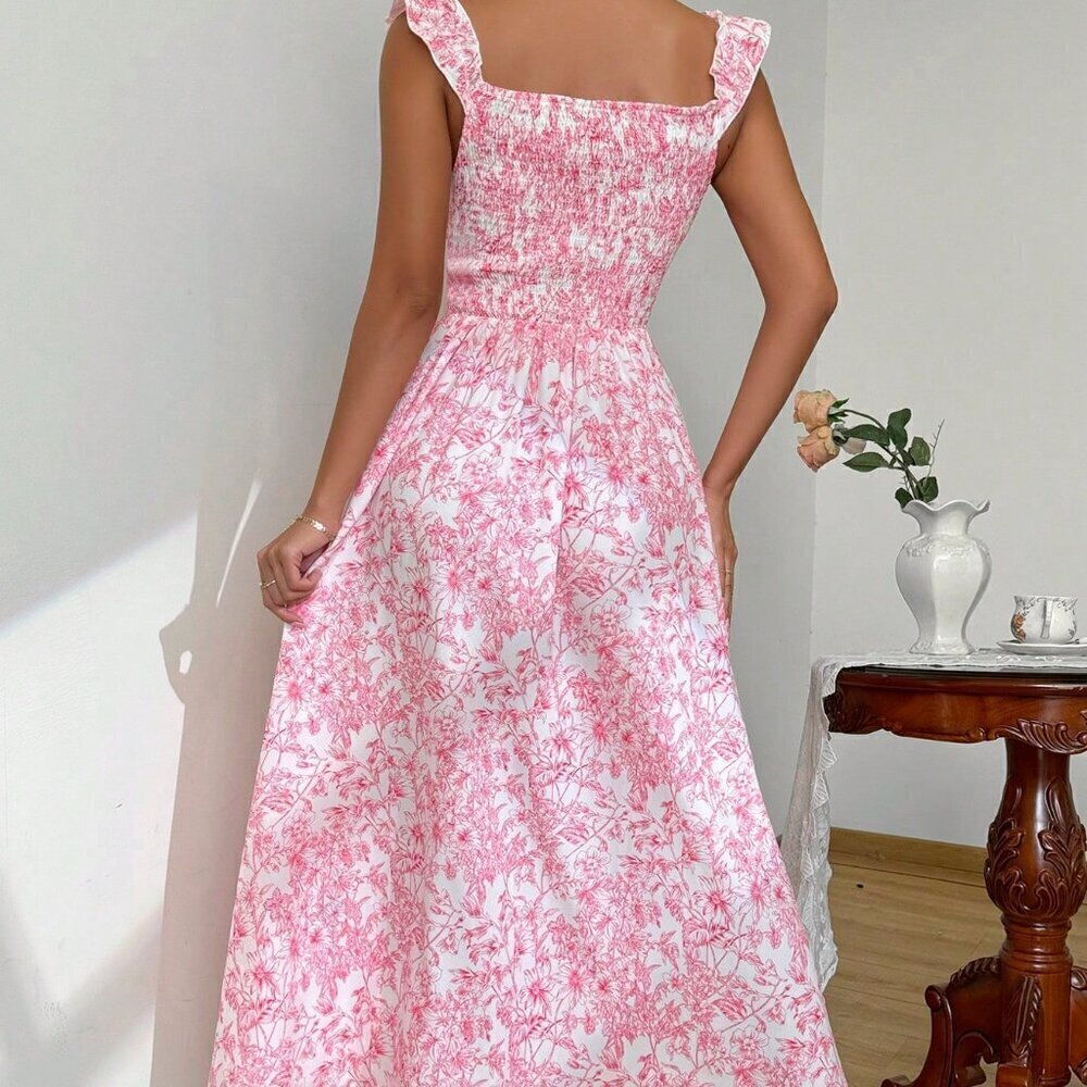 Hot Pink Women's Summer Floral Print Dress With Ruffled Hemline And Side Split - Picture 2 of 7